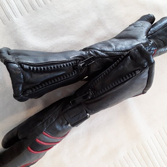 Insulated Leather Zip Gauntlet Black/Gray Motorcycle Riding Gloves w/red trim - Picture 8 of 10